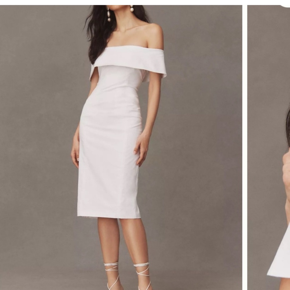 BHLDN Elegant Off-Shoulder Cream Midi Dress